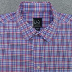 Jos A Bank Traveler Button Shirt Mens Large Tailored Blue Pink Plaid Long Sleeve